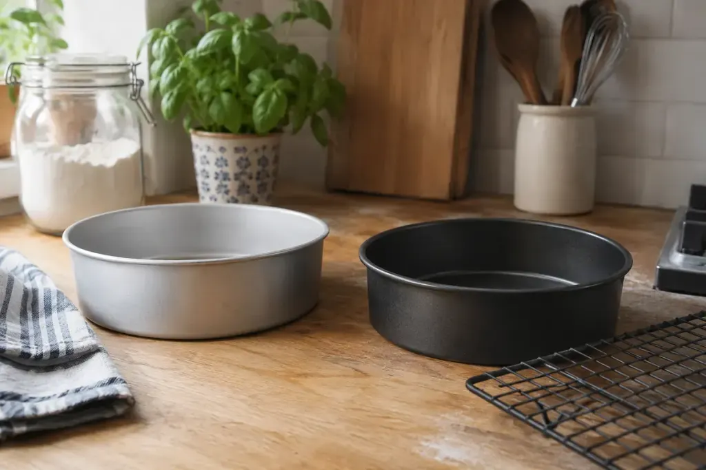 A pale aluminium cake tin and a dark metal cake tin beside a cooling rack in a home kitchen.