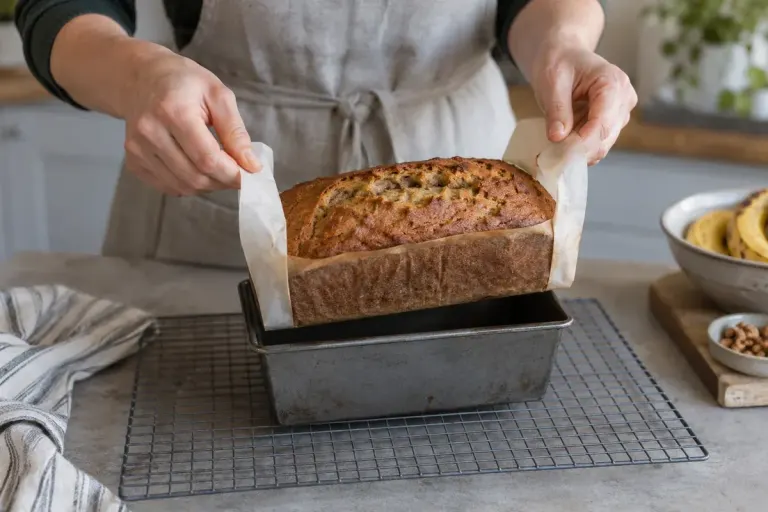 A cooled rectangular loaf being lifted from a metal loaf pan using a neat parchment sling.