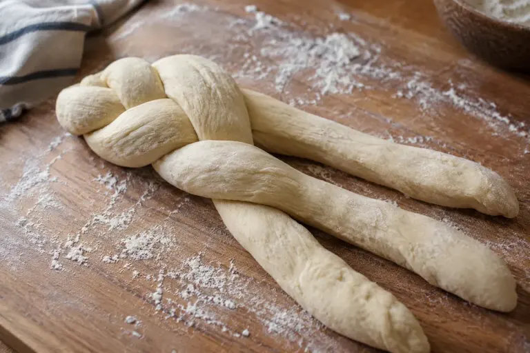 Three even ropes of pale bread dough partly braided on a lightly floured wooden board.