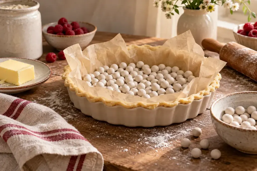Pastry shell with baking weights and baking ingredients