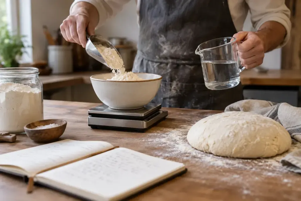 Baker weighing flour and water beside a notebook and bread dough.