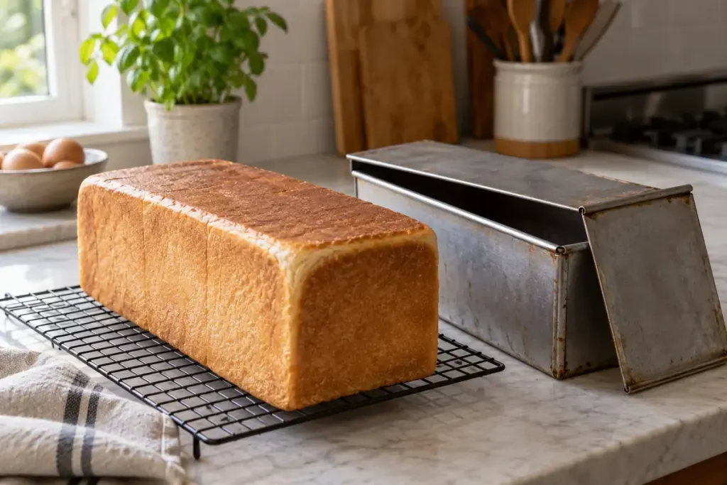 A square sandwich loaf cooling beside its open metal pullman baking tin in a home kitchen.