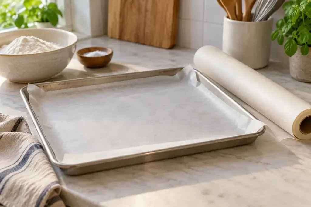 Baking parchment lining a metal tray.