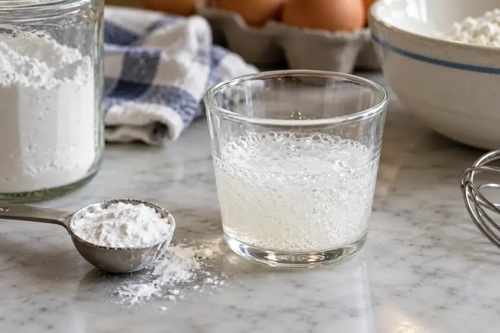 A small spoon of baking powder beside a clear cup with a gently bubbling test mixture on a baking counter.