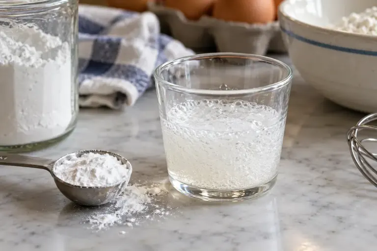 A small spoon of baking powder beside a clear cup with a gently bubbling test mixture on a baking counter.