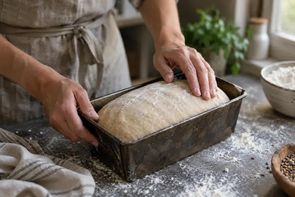 Close-up of a baker gently touching risen bread dough in a loaf tin on a flour-dusted kitchen counter.