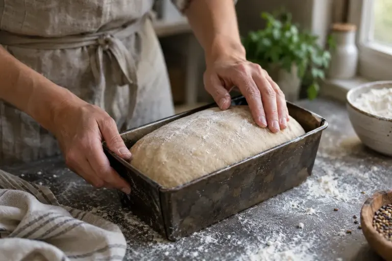 Close-up of a baker gently touching risen bread dough in a loaf tin on a flour-dusted kitchen counter.