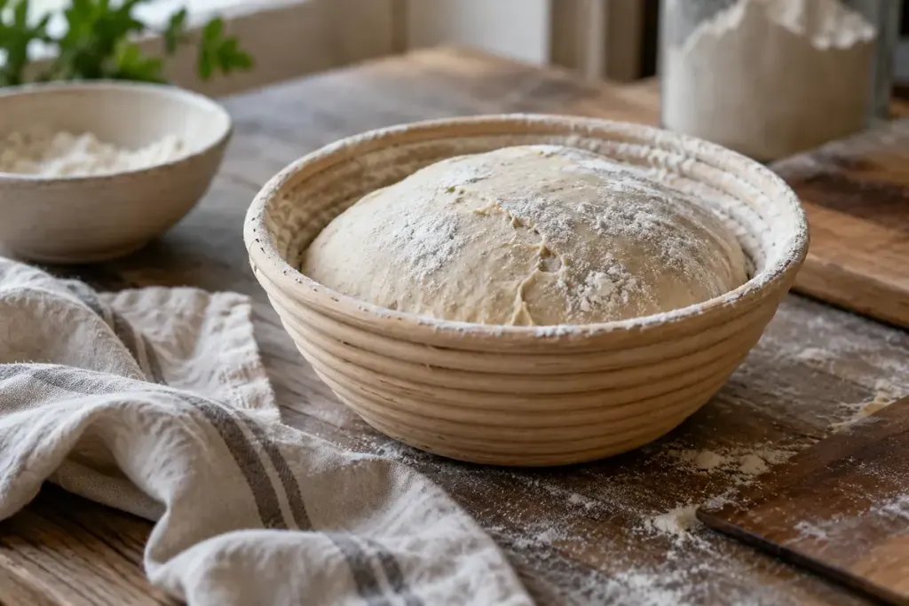 A flour-dusted wicker bread banneton with risen dough beside a linen cloth.