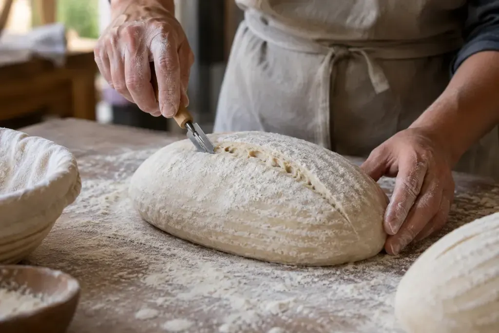 Close view of a baker scoring an unbaked oval bread loaf with a bread lame on a floured bench.