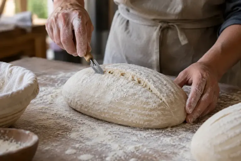 Close view of a baker scoring an unbaked oval bread loaf with a bread lame on a floured bench.