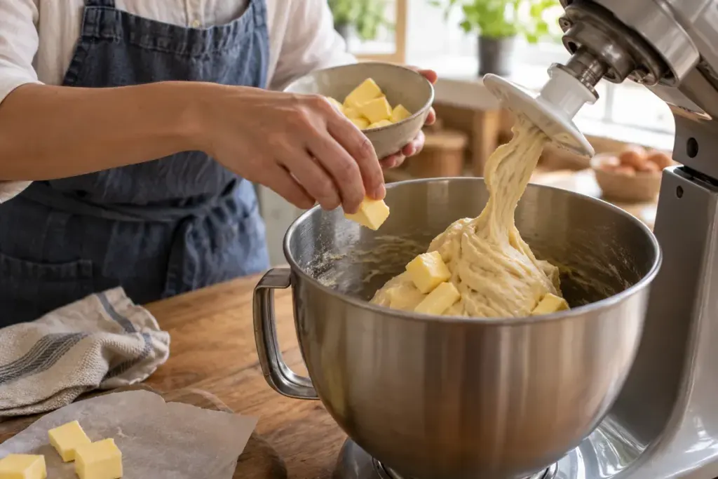 A baker adding small pieces of softened butter to enriched dough in a mixer bowl.
