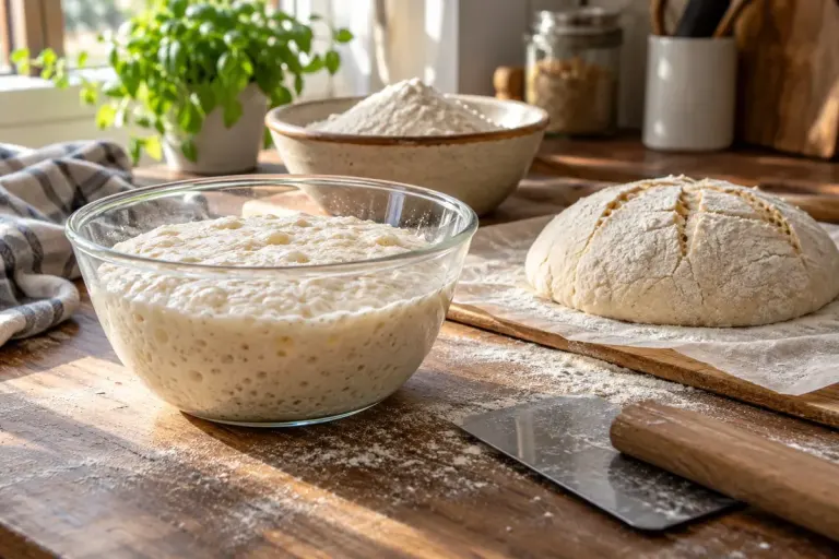 A glass bowl of bubbly ripe poolish beside flour and an unbaked rustic loaf in a home bakery.