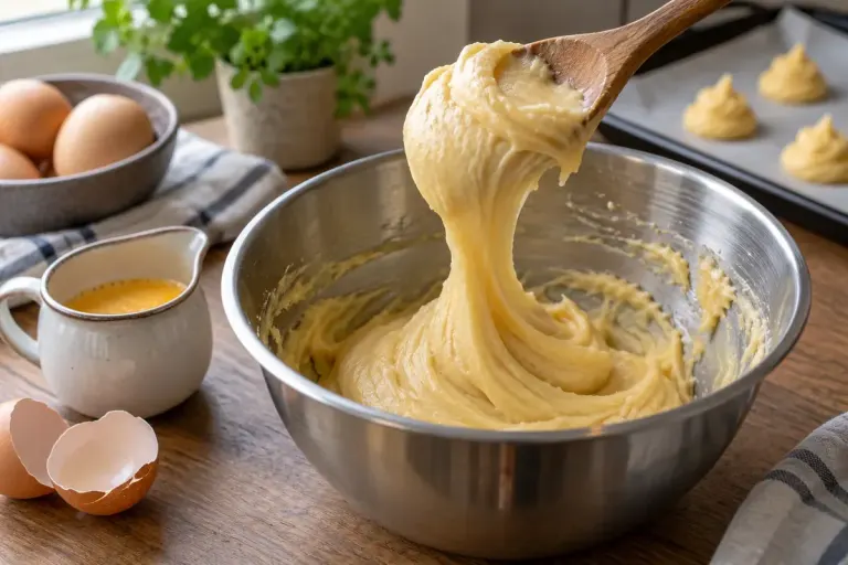 A wooden spoon lifting a thick ribbon of pale choux dough above a steel bowl, beaten egg in a small jug nearby.