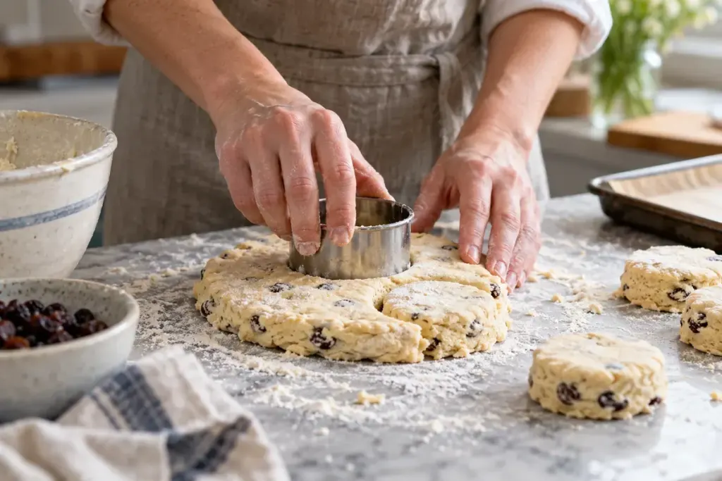 Hands pressing a round pastry cutter straight into scone dough on a flour-dusted kitchen worktop.