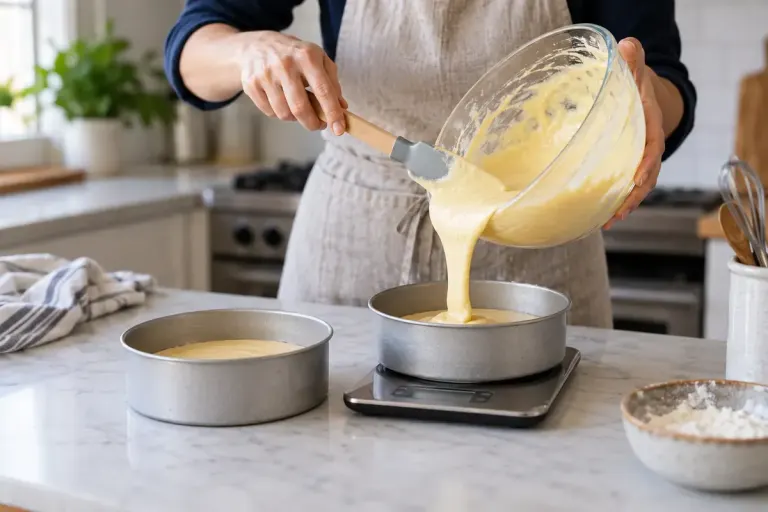 A baker dividing cake batter between two tins on a kitchen scale.