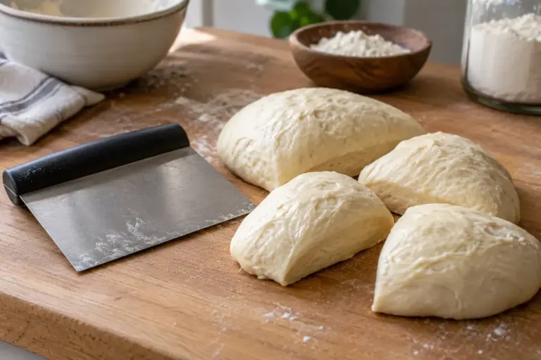 A stainless bench scraper beside cleanly portioned soft bread dough on a wooden worktop.
