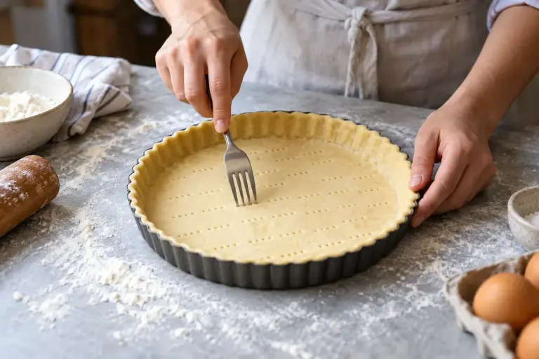 A pastry cook using a fork to prick a unbaked tart base in a metal tin on a floured counter.