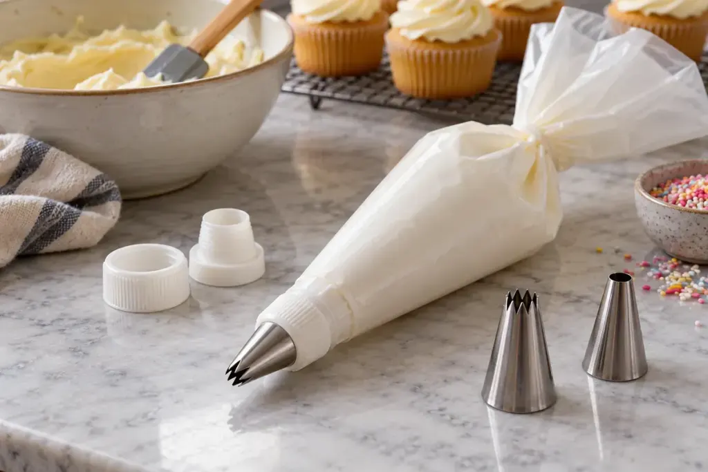 A clean pastry piping bag with a two-piece coupler and three metal piping tips on a baking worktop.