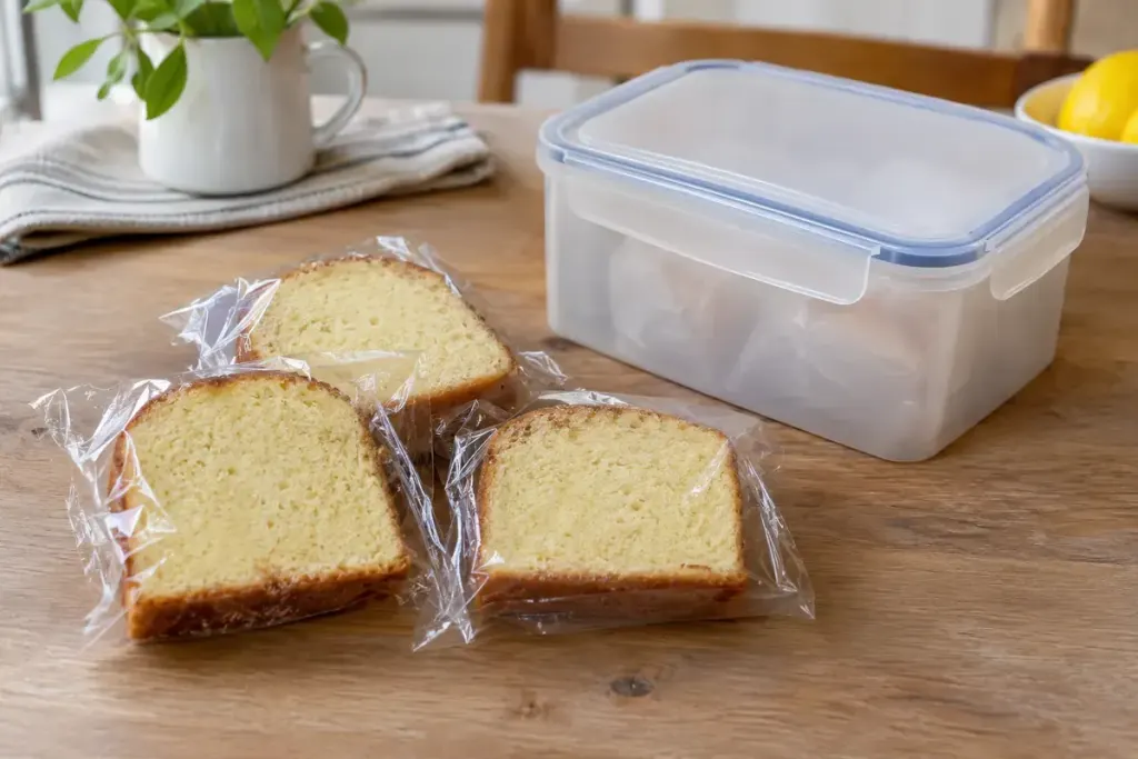 Plain sponge cake slices individually wrapped in food-safe clear wrapping beside a lidded freezer-safe container on a clean kitchen table.