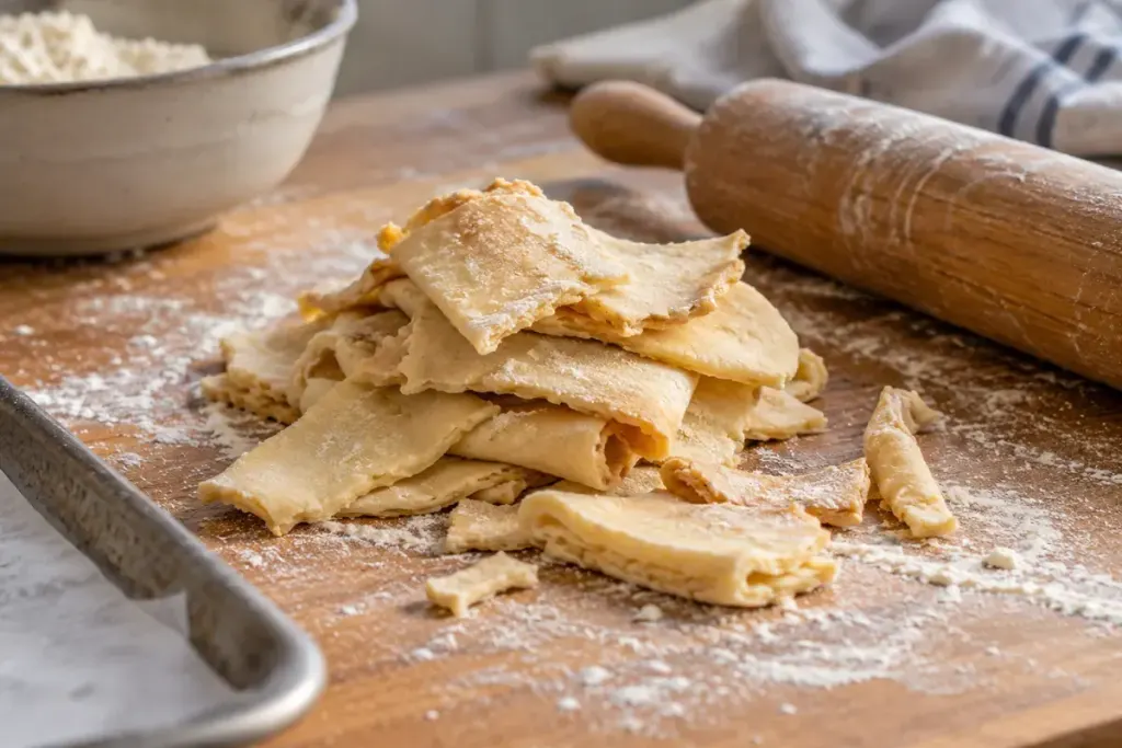 Small irregular pastry offcuts stacked neatly on a floured wooden board beside a rolling pin.