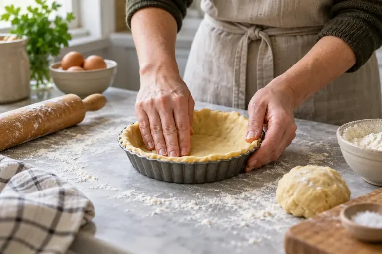 A cook pressing warm hot water crust pastry into a small pie tin on a flour dusted counter.