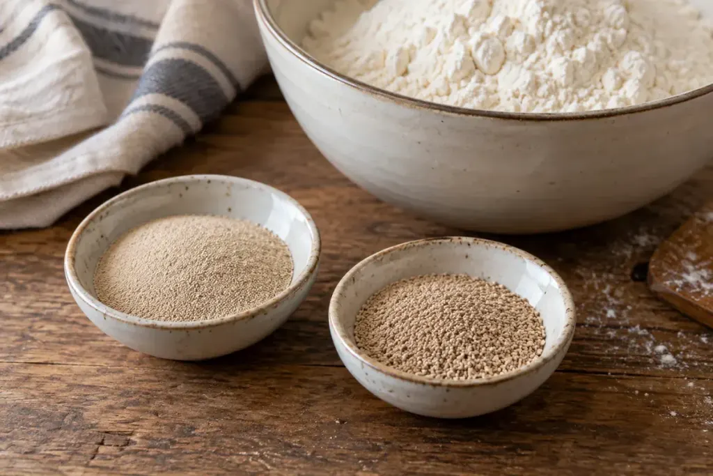 Two small ceramic dishes of dry yeast granules beside a bowl of bread flour.