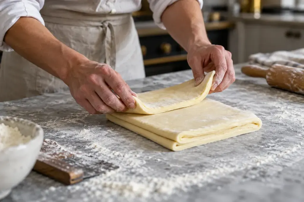 Close view of a baker folding a rectangle of laminated pastry into thirds on a cool stone worktop.