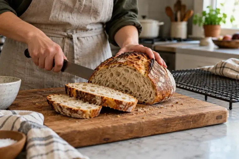 A cooled rustic loaf being sliced beside a wire rack.