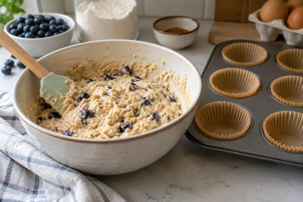 A bowl of lumpy muffin batter beside a lined muffin tray and silicone spatula.