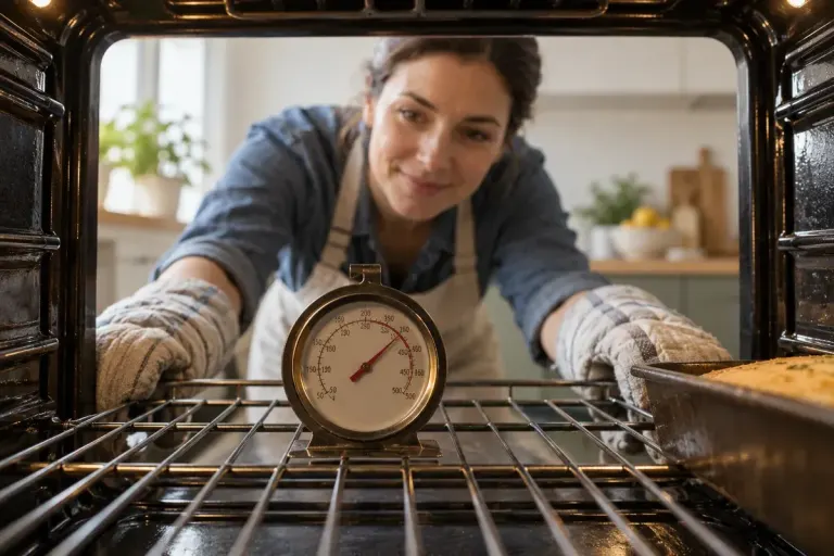 Oven thermometer standing on the middle rack of an open clean domestic oven, baker checking from outside with protective oven gloves.