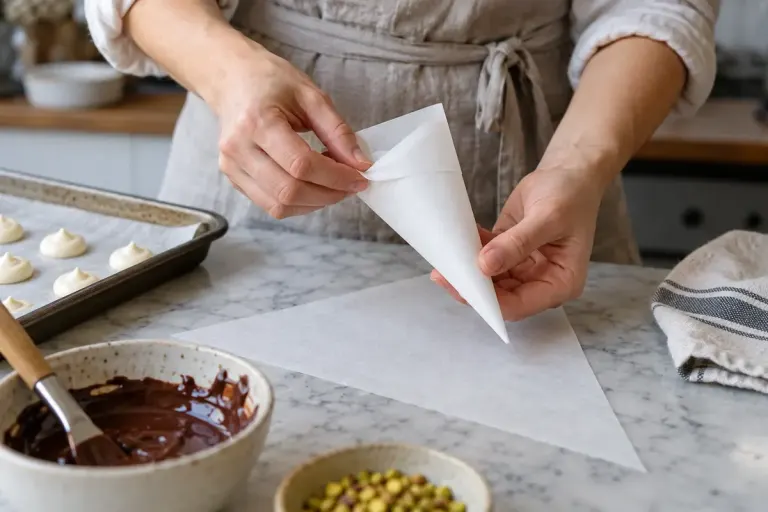 Hands folding a triangle of parchment into a small piping cone at a pastry workbench.