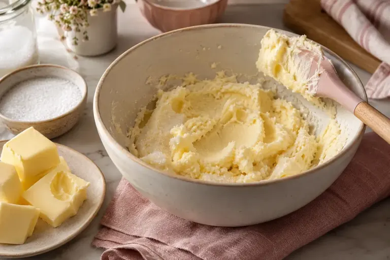 Soft butter and sugar in a mixing bowl with a spatula.