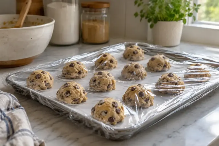 Cookie dough portions chilling on a covered tray in a home kitchen.