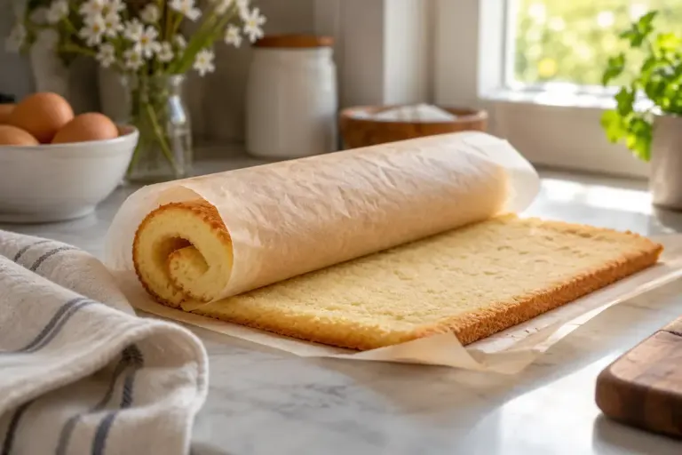 Fresh unfilled sponge cake gently rolled in parchment on a kitchen counter.
