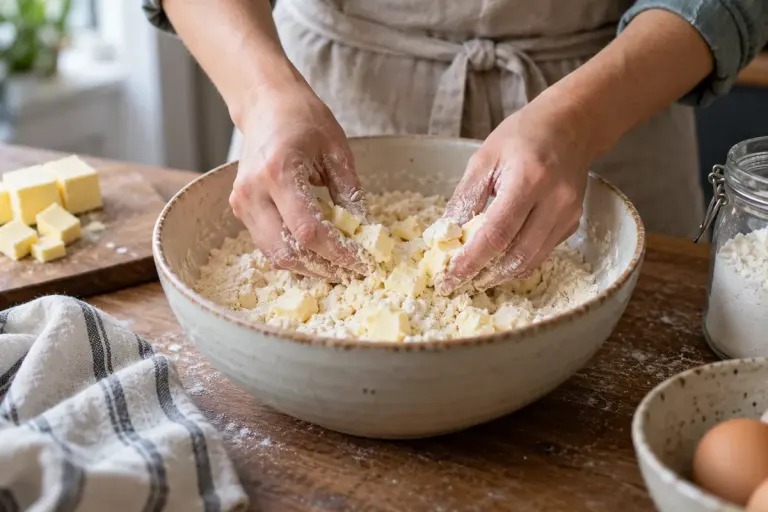 Hands rubbing small cold butter pieces into flour in a ceramic mixing bowl.