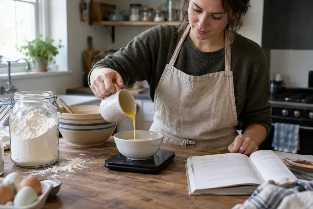 Baker pouring beaten egg from a small jug into a bowl on a digital kitchen scale, flour and mixing bowl nearby.