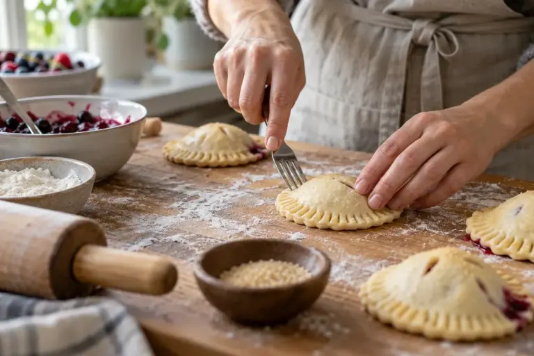 A home baker sealing the clean edges of small fruit hand pies with a fork on a wooden board, flour dust, natural kitchen light, realistic food photograph.