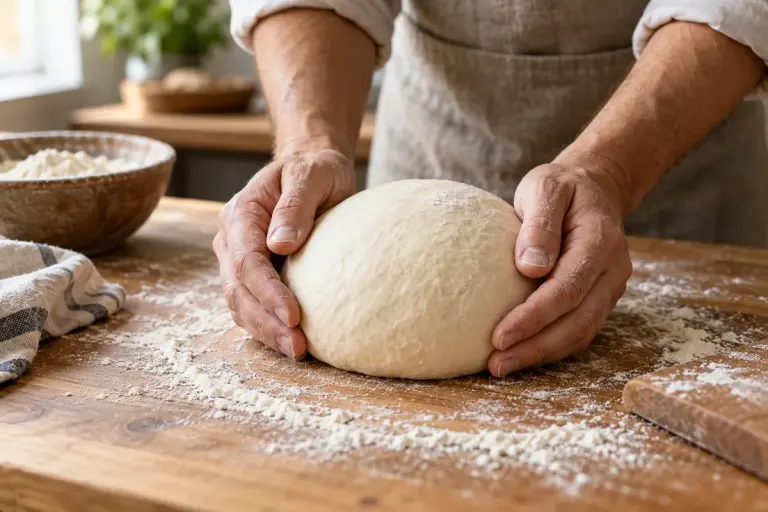 A baker gently cupping a rounded ball of bread dough on a lightly floured wooden worktop, close view of two anatomically correct hands.