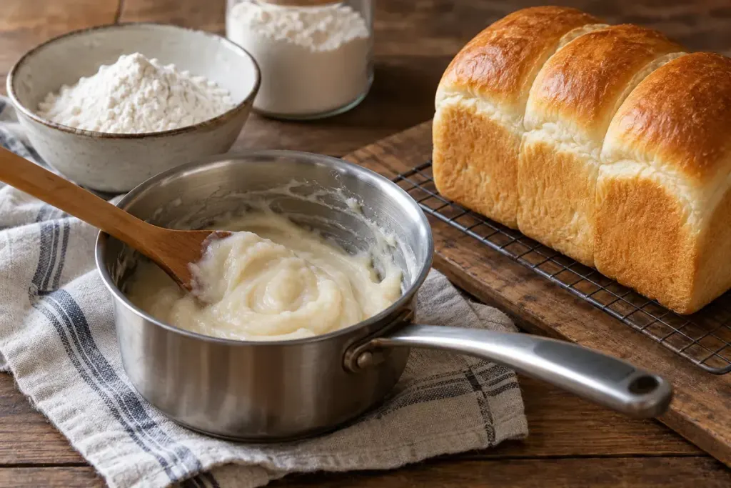 Small saucepan with flour paste beside flour and a soft bread loaf.