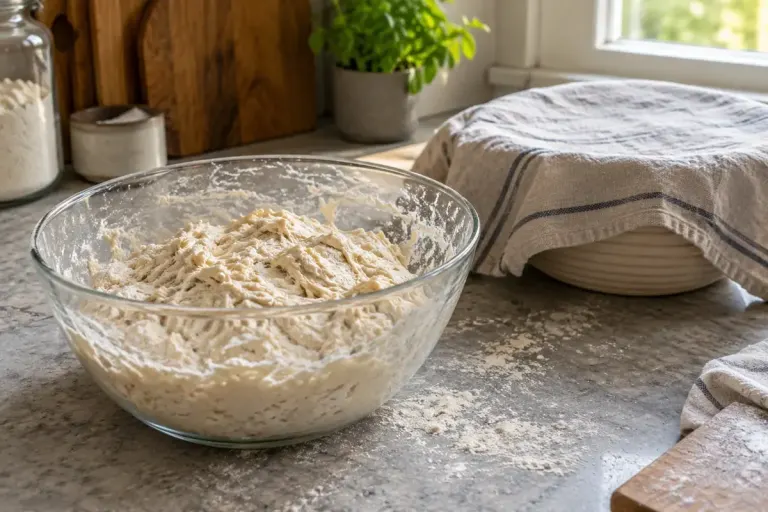 Flour-and-water dough resting in a glass bowl beside a covered bowl.