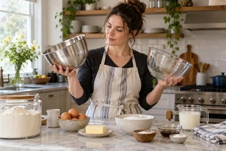 A baker comparing two mixing bowls beside measured cake ingredients in a practical home kitchen.