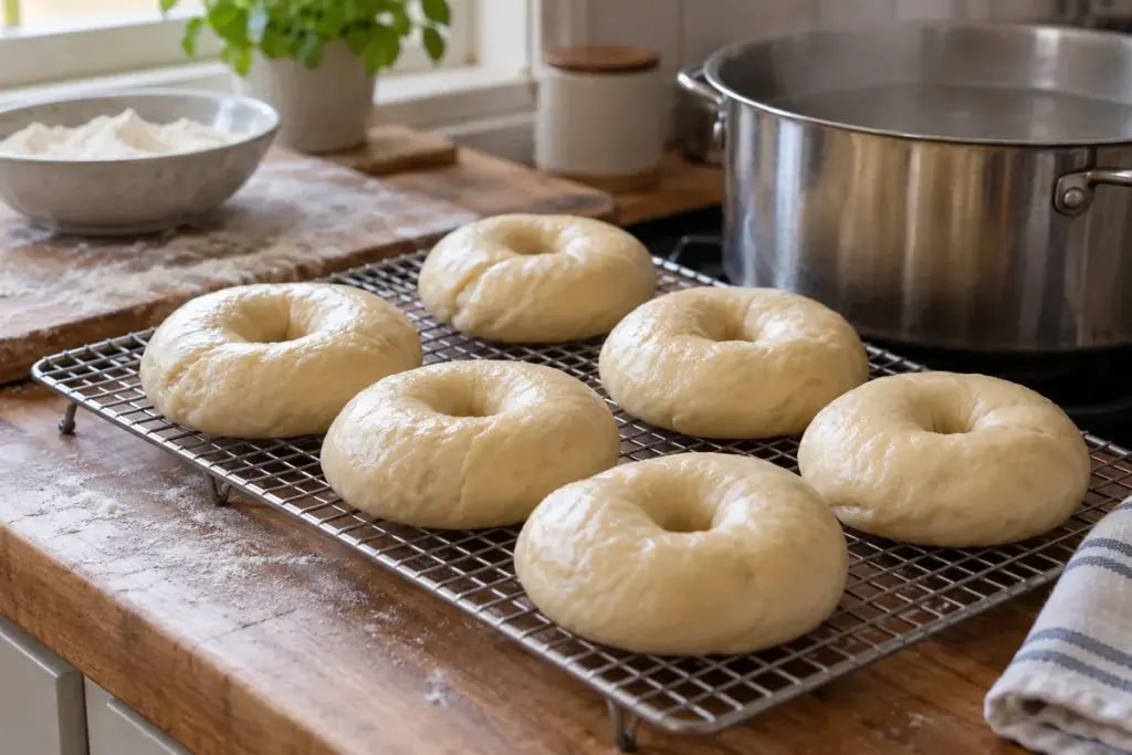 Freshly boiled bagels draining on a wire rack beside a stainless steel pot in a home bakery.